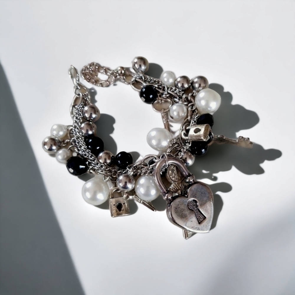 Vintage Faux Pearl Silver Tone Lock and Key Charm Bracelet